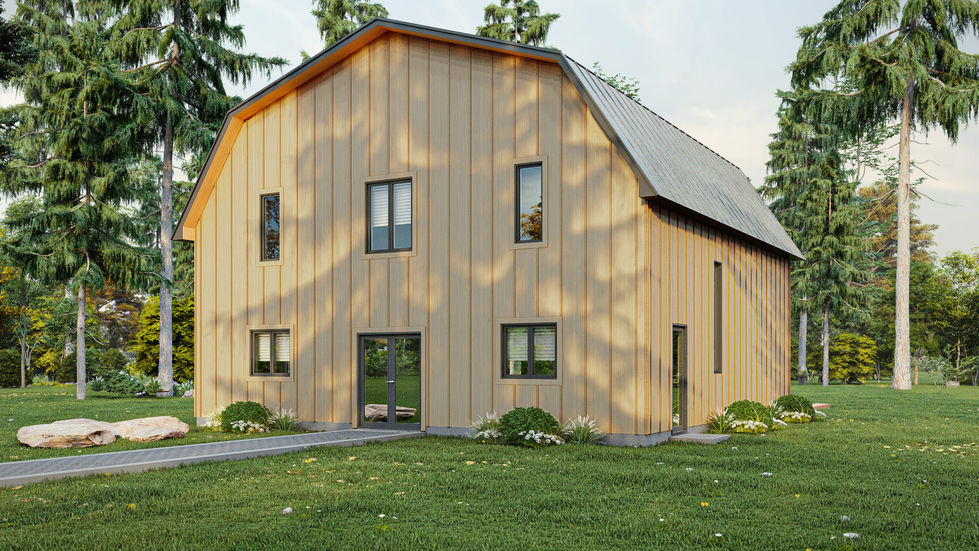 Maison contemporaine style grange avec grande façade vitrée et revêtement en bois moderne