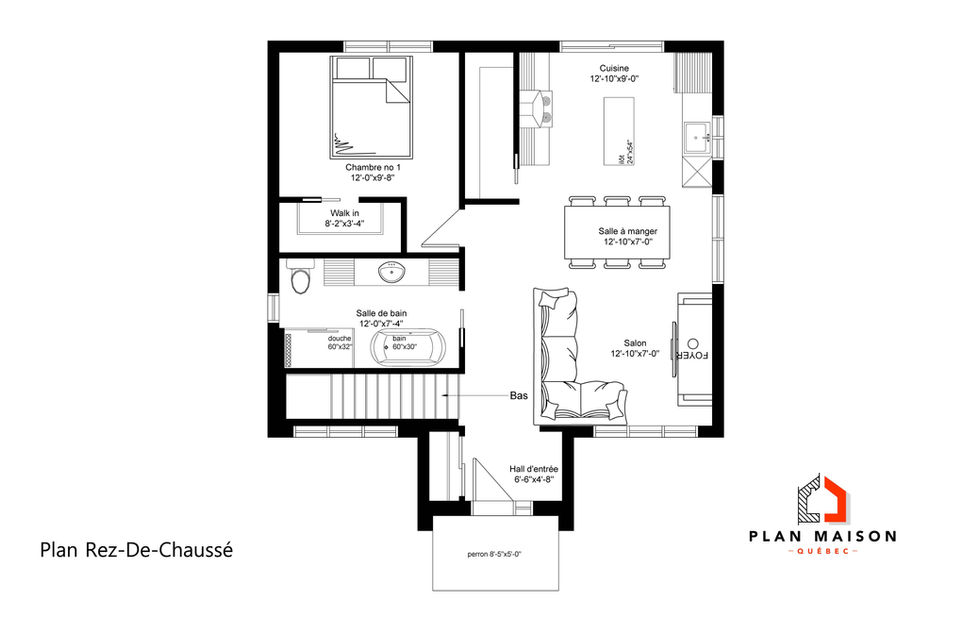 plan rez-de-chaussée maison scandinave compacte aire ouverte cuisine salon salle à manger