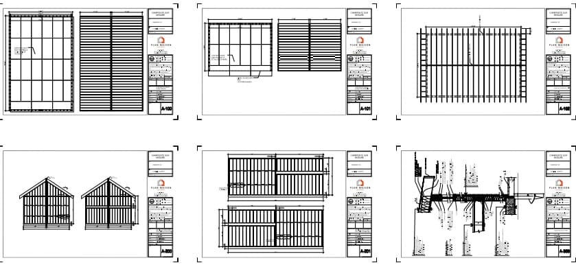 Plans techniques de charpente sur mesure comprenant les élévations, les coupes et les détails structuraux d'une résidence contemporaine.
