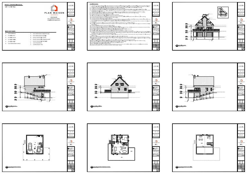Plans techniques d’un chalet scandinave avec garage intégré et mezzanine