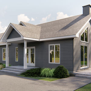 plan de maison contemporaine 3 chambres avec plafond cathédrale façade avant