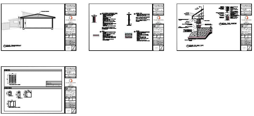 Plans de détails techniques d'un agrandissement de maison moderne avec toit monopente montrant les coupes de construction, les fondations et les assemblages structuraux.
