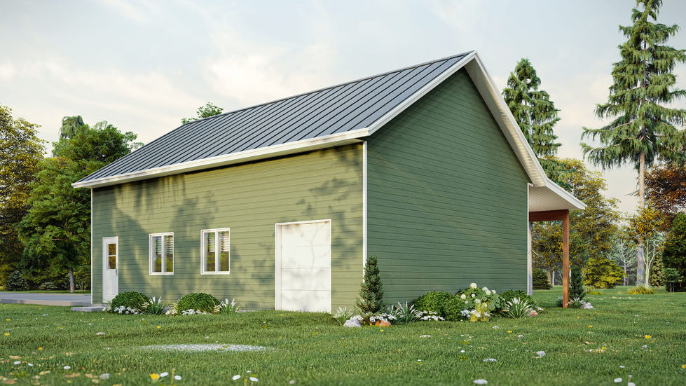 Vue arrière d’un garage farmhouse vert avec toiture métallique et porte latérale