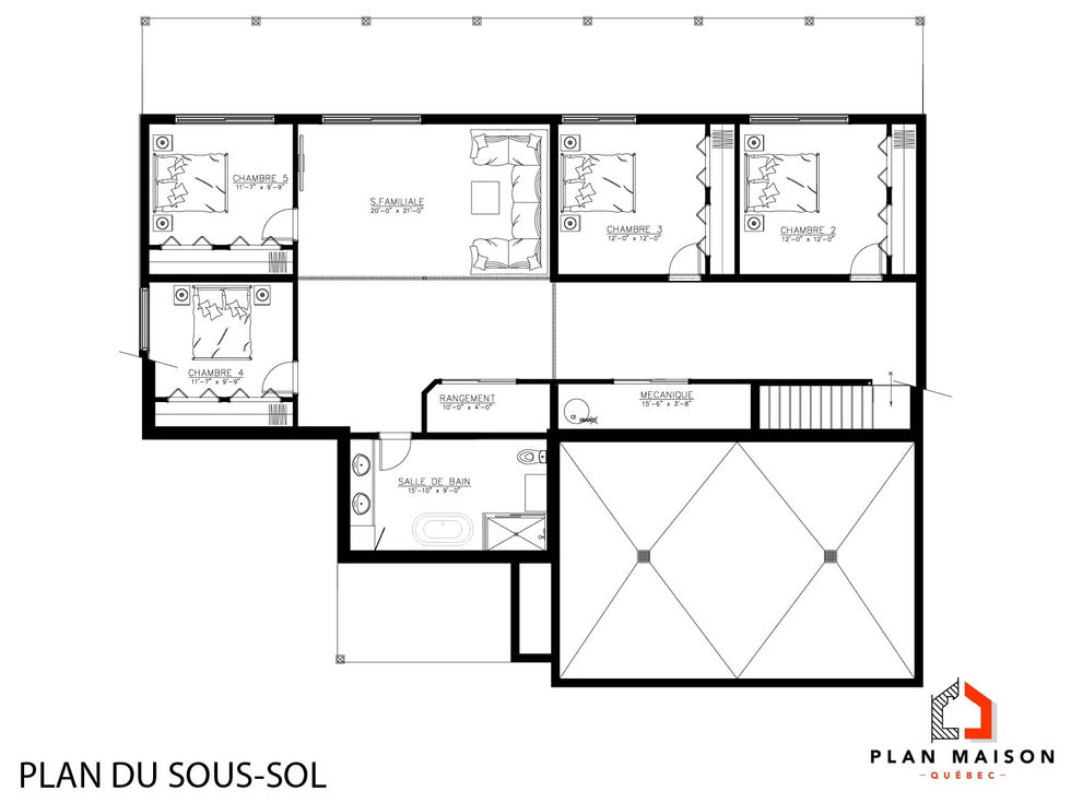 Plan du sous-sol d’une maison contemporaine scandinave avec chambres, salle familiale et espaces de rangement.