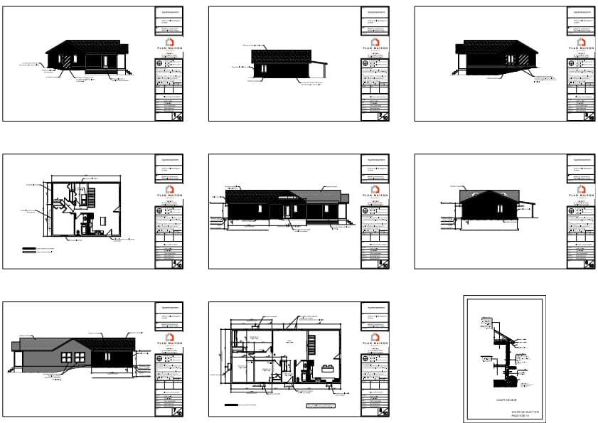 Plans de construction d'une extension résidentielle latérale ajoutant trois chambres à une maison existante.
