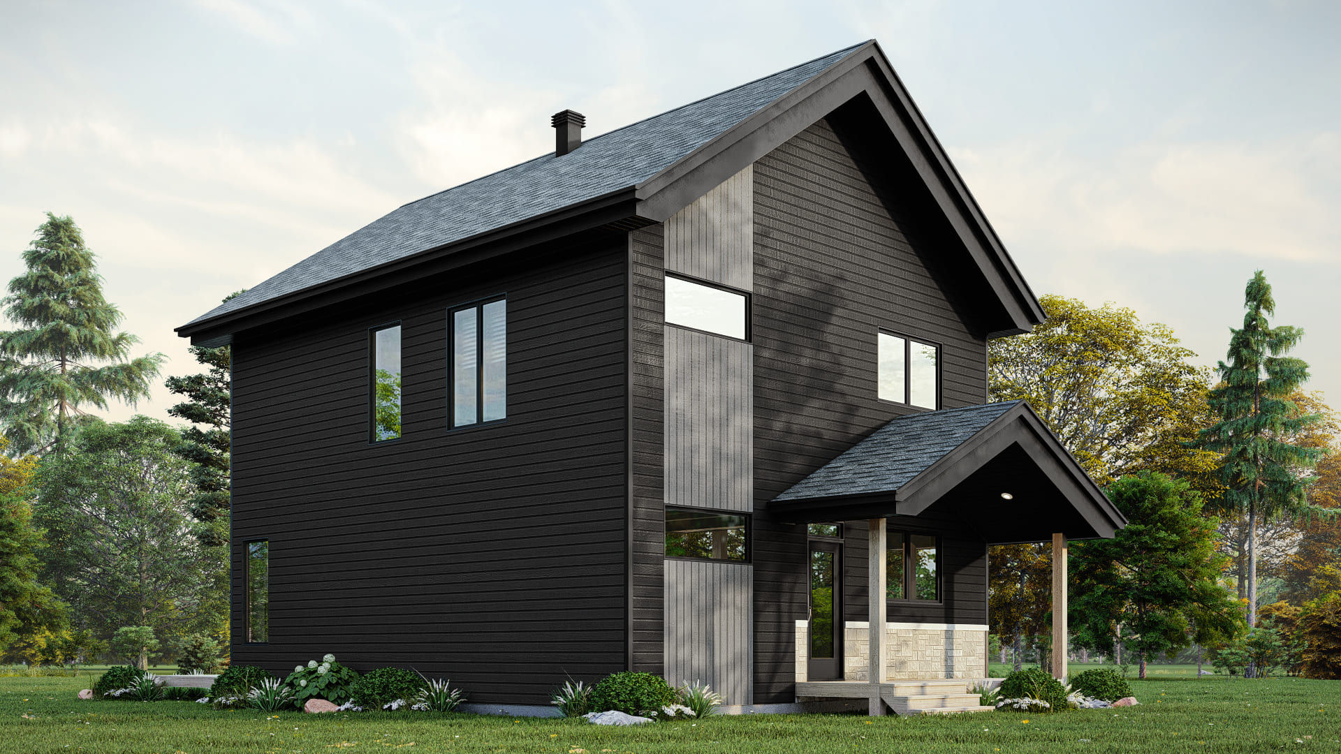 Plan de maison scandinave rustique noire - Extérieur avant