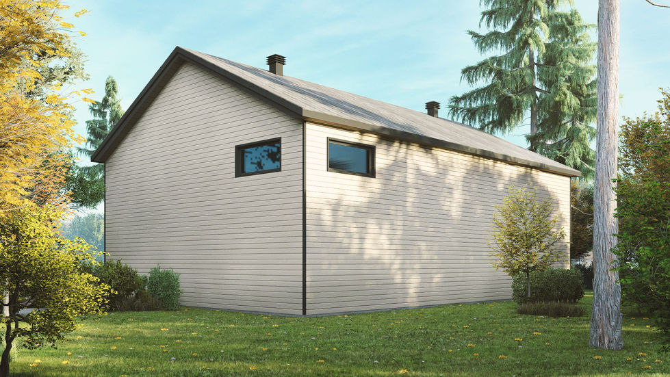 Façade arrière d’un garage détaché 60x40 avec mezzanine et fenêtres horizontales modernes.