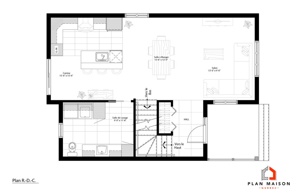 Rez-de-chaussée d’un plan de maison contemporaine étroite à étage