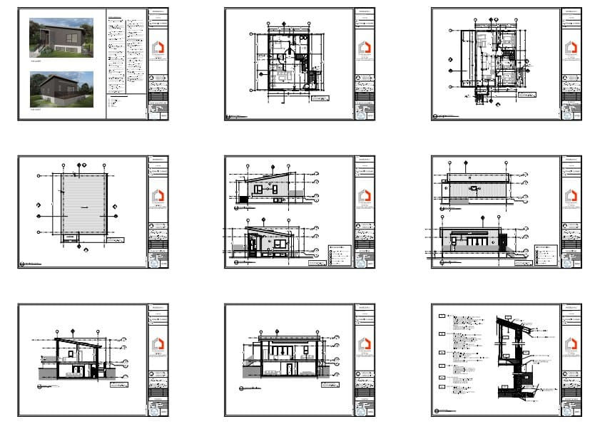 Plans techniques d'une maison contemporaine à toit monopente avec sous-sol aménagé