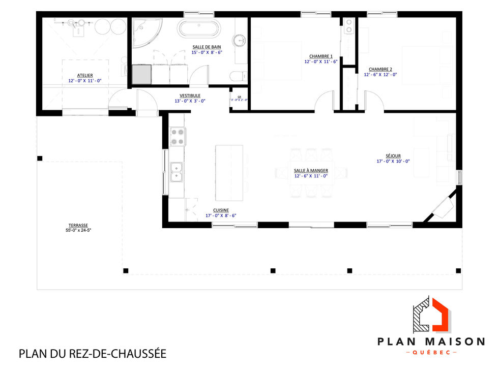 plan rez-de-chaussee maison contemporaine 2 chambres aire ouverte