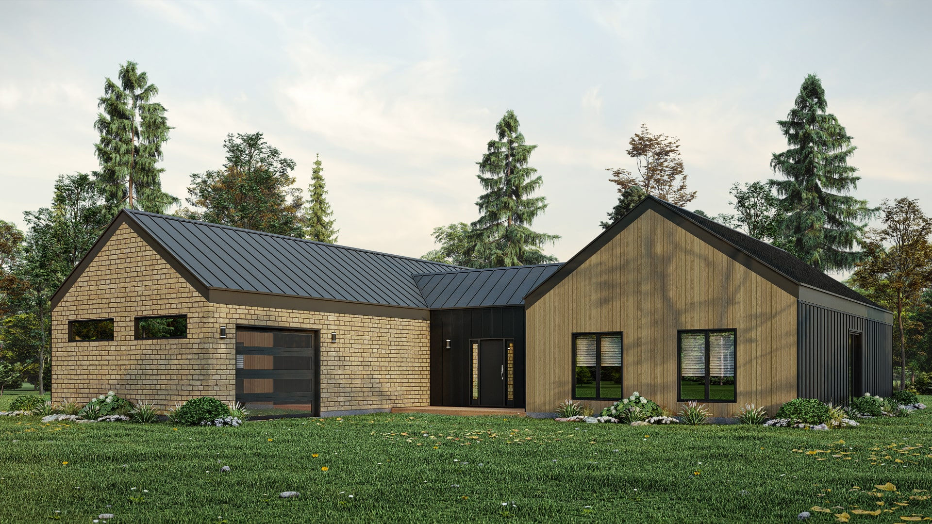 Plan de maison scandinave moderne de plain-pied - Extérieur avant