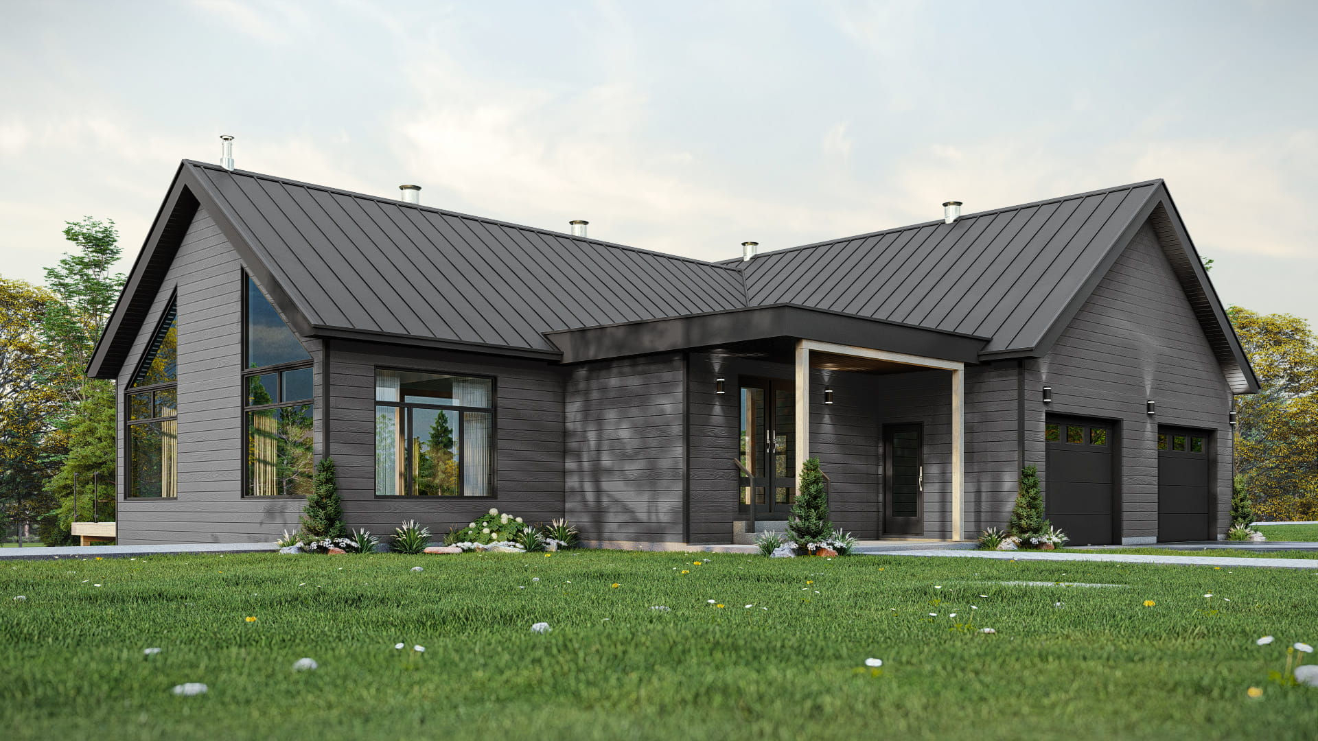 Façade du plan de maison farmhouse avec balcon pleine largeur avec garage double.