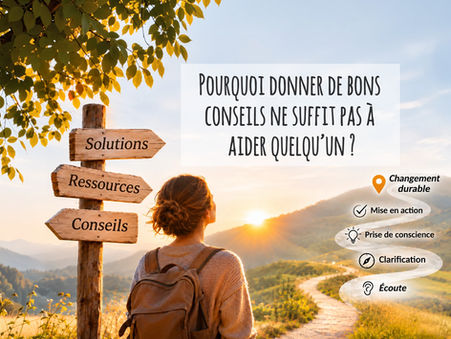 Une femme face à un chemin symbolisant les étapes du changement, de l'écoute à la mise en action, avec des panneaux conseils, ressources et solutions