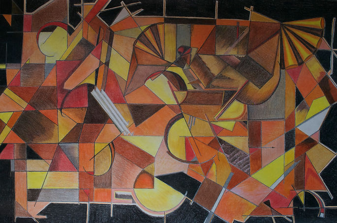Abstract brightly colored painting that asks what would happen if Escher had been given colored pencils.