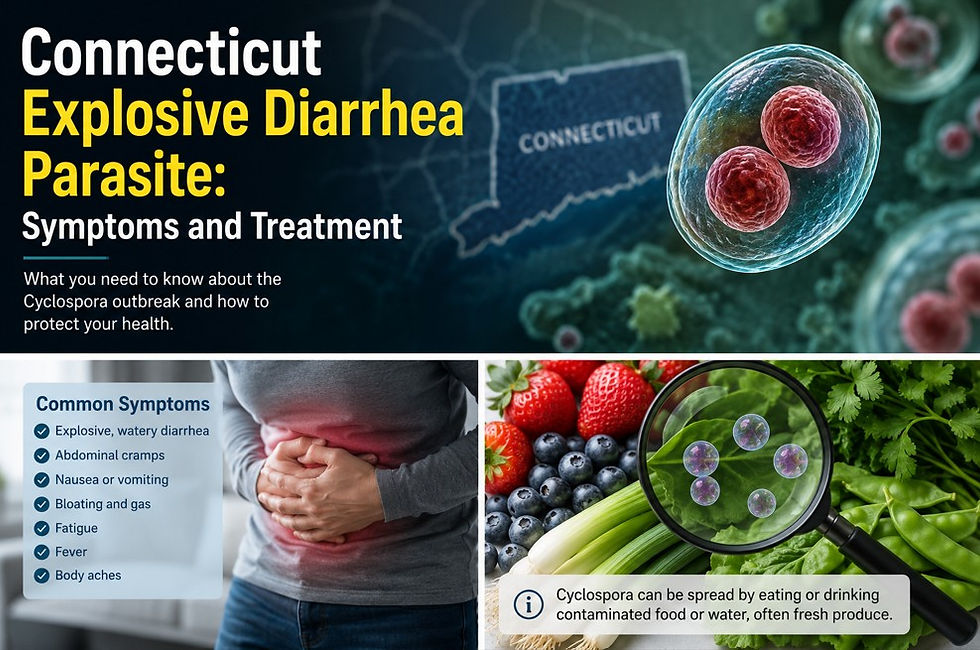 Connecticut Cyclospora outbreak infographic with stomach pain, produce under magnifier, and symptoms list.