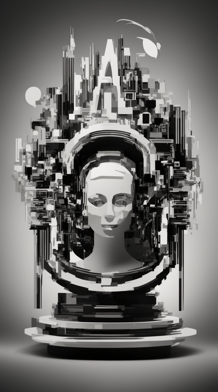 Black and white illustration of a futuristic female head with mechanical details.