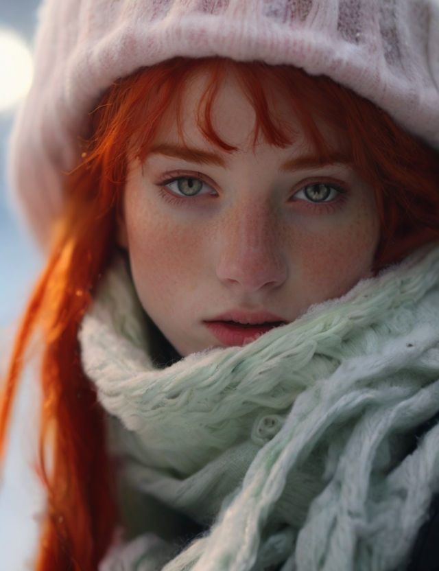 Young woman with red hair and green eyes, wearing a pastel scarf and hat, winter mood portrait.