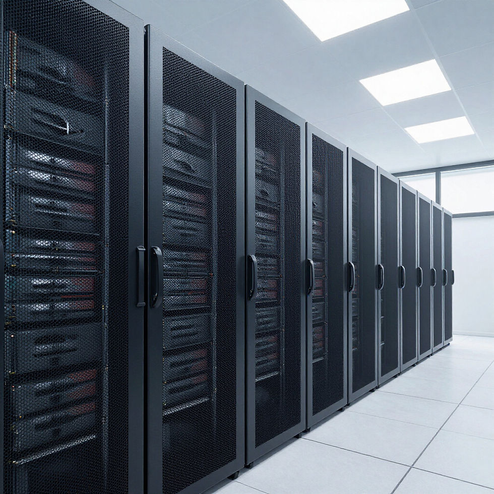 Rows of server cabinets in a Texas data center hall served by structured cabling and critical power