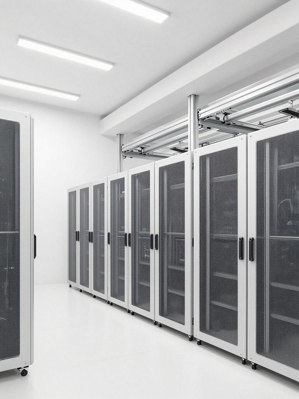 Data center white space with server cabinets and overhead cable tray, built by Antero Services in Texas