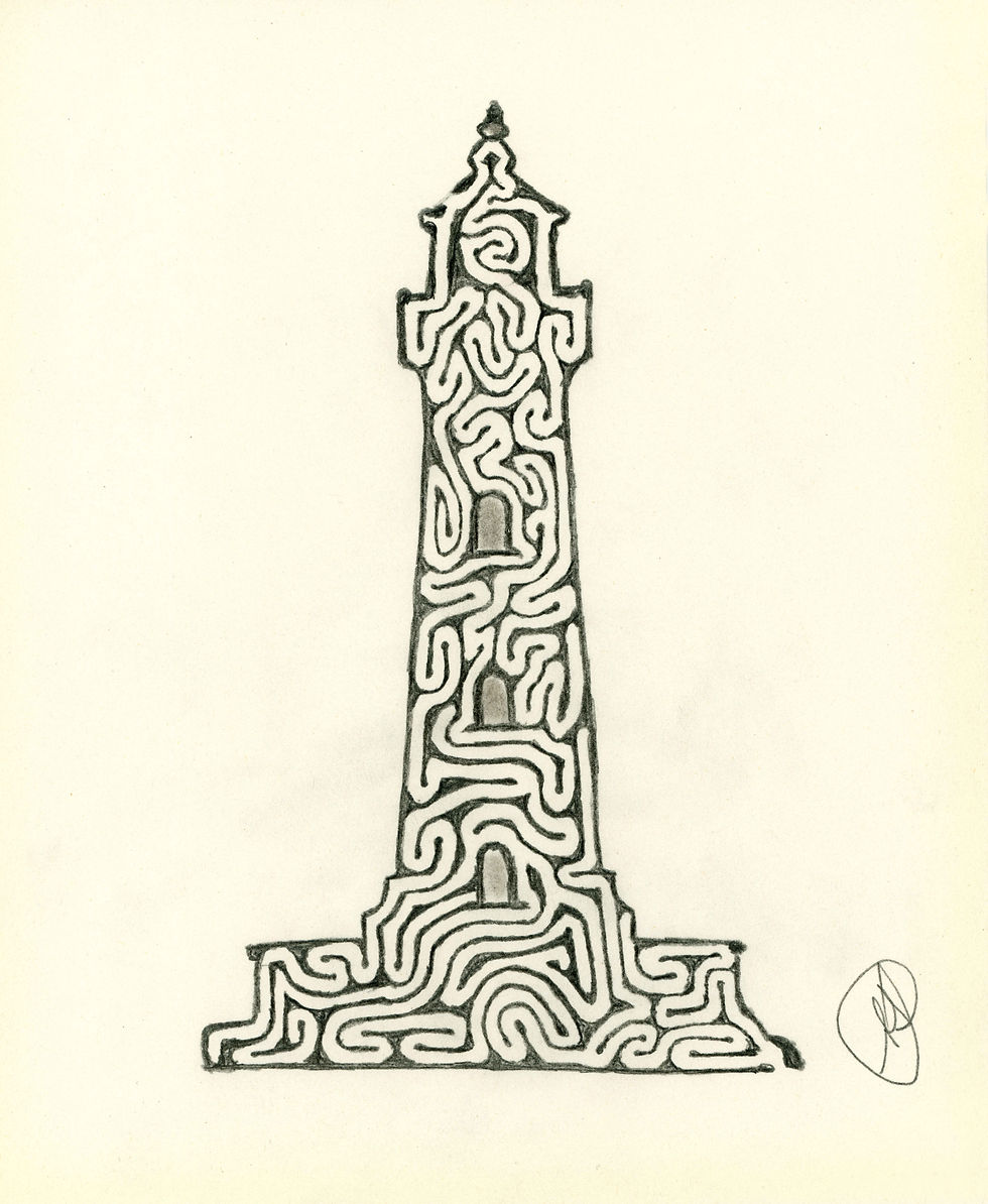 Hand-drawn lighthouse labyrinth artwork by Albert Diaz