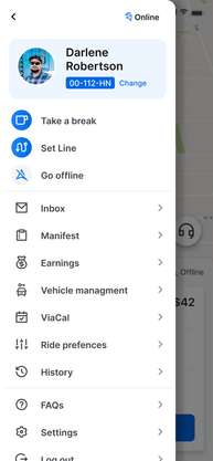 UX of user menu at the driver's app