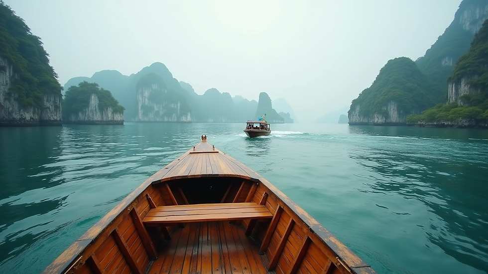 Wide angle view of a traditional wooden boat cruising through Ha Long Bay’s limestone islands