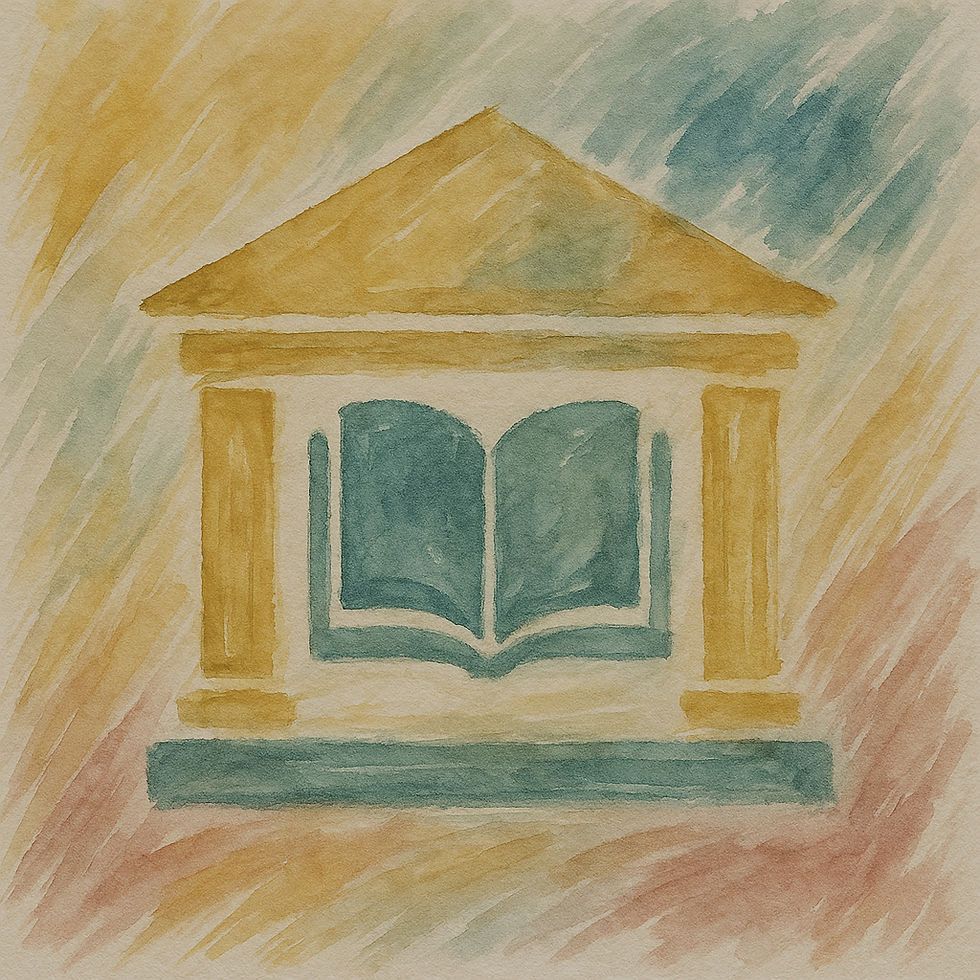 Watercolor icon like a library with a book.