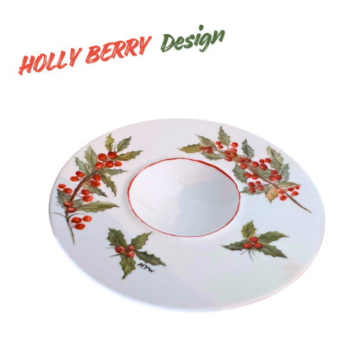 Thumbnail: Candle Plate – Hand-Painted Porcelain with Poinsettia & Holly Berry Designs