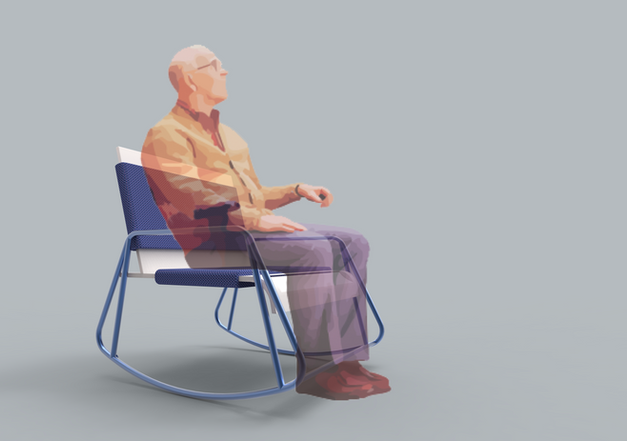 Chaise à bascule en bois blanc, recouvert de tissus bleu, le piétement est en tubulure d'acier. Un personne âgée est assise dessus.