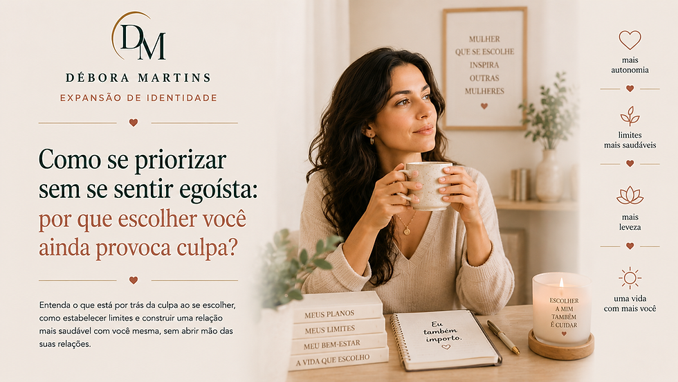 Mulher escolhendo cuidar de si e estabelecer limites, representando auto priorização, culpa, autonomia e a dificuldade de se colocar em primeiro lugar.