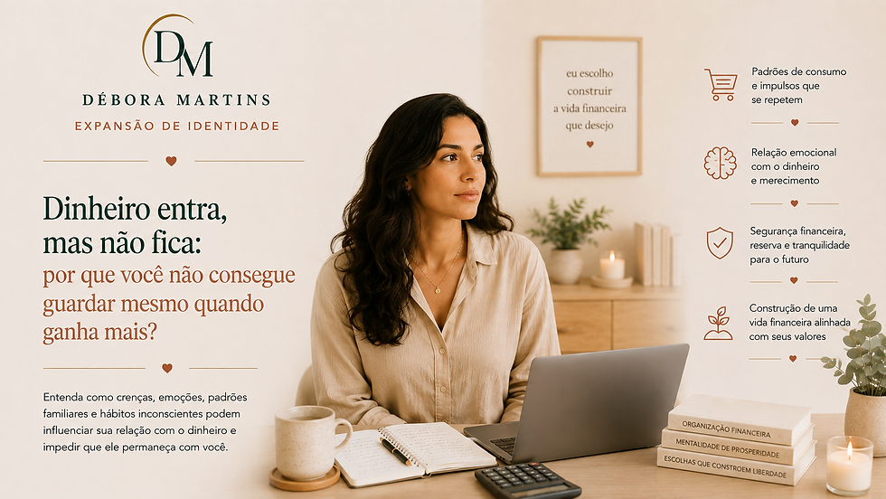 Mulher analisando sua vida financeira e refletindo sobre a dificuldade de guardar dinheiro, padrões de consumo, segurança e construção de uma reserva financeira.