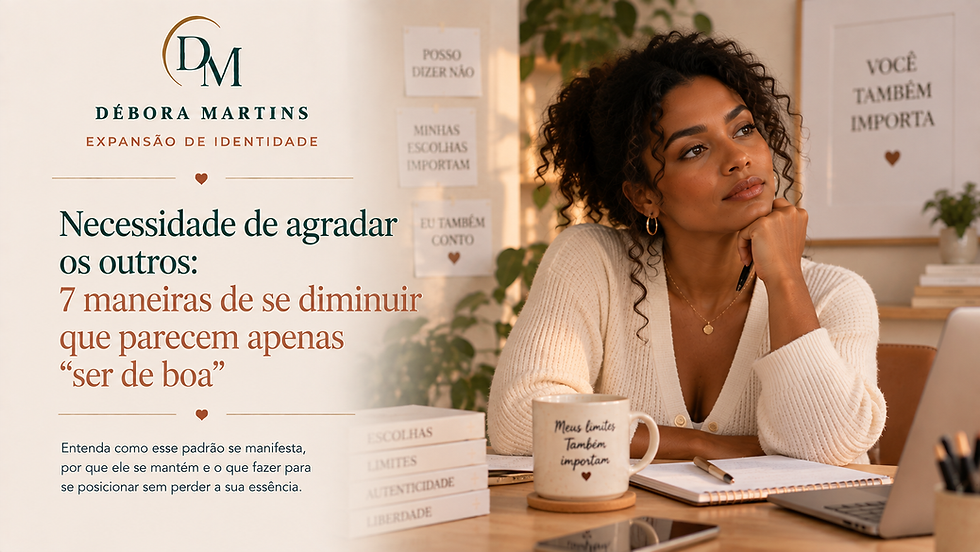 Mulher percebendo comportamentos ligados à necessidade de agradar os outros, representando autoanulação, dificuldade de dizer não, limites e posicionamento.