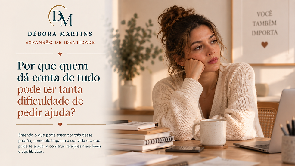 Mulher sobrecarregada refletindo sobre dificuldade de pedir ajuda, autossuficiência e o hábito de tentar dar conta de tudo sozinha.