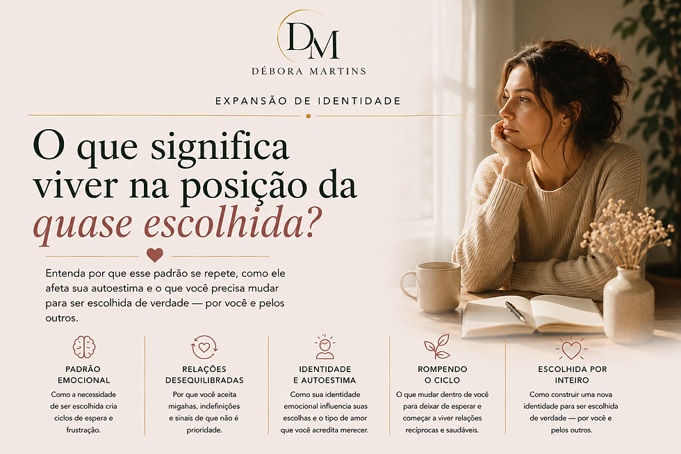 Mulher refletindo sobre a posição da quase escolhida, representando padrões emocionais, identidade e relacionamentos.