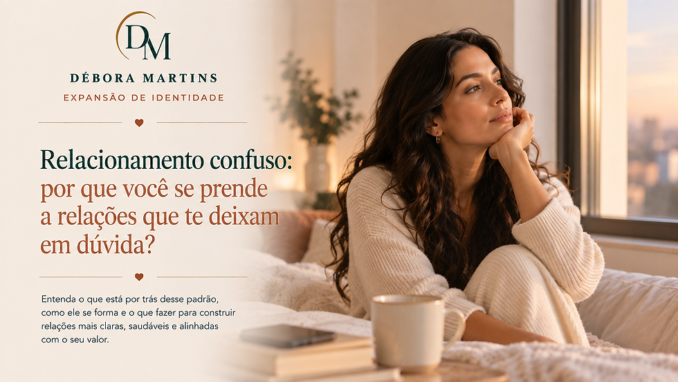 Mulher refletindo sobre um relacionamento confuso enquanto percebe sinais contraditórios, falta de definição e o padrão de esperar para finalmente ser escolhida.