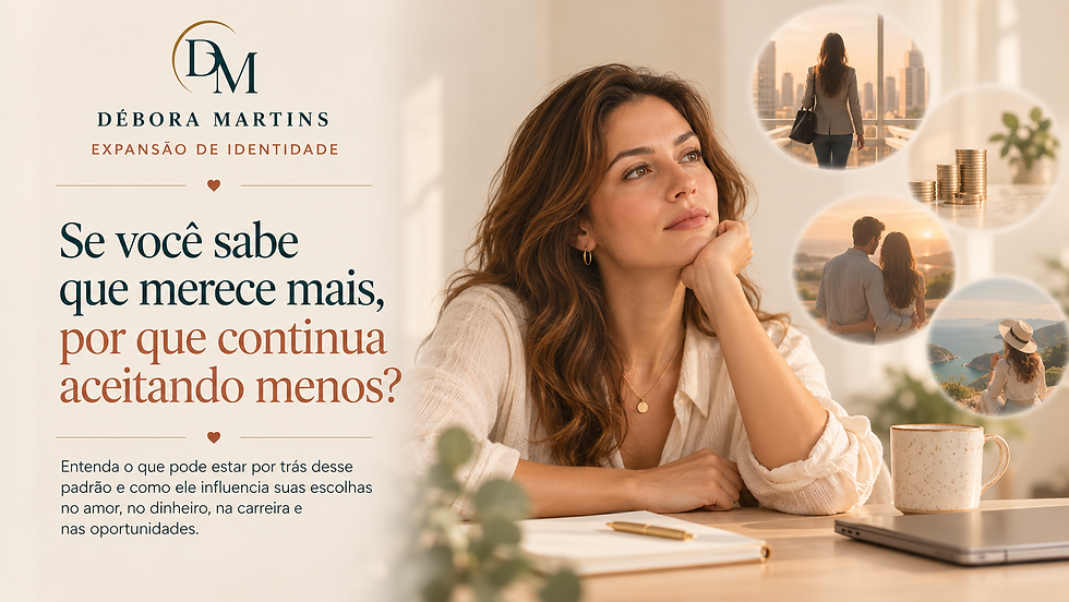 Mulher refletindo sobre merecimento e sobre a diferença entre saber que merece mais e continuar aceitando menos no amor, dinheiro, carreira e oportunidades.