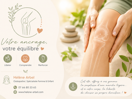 Illustration douce d'un genou soutenu par deux mains, dans une ambiance naturelle et apaisante. Cette image évoque l'ostéopathie et l'accompagnement des douleurs du genou, avec une approche globale du corps. Visuel de Hélène Arbel, ostéopathe spécialisée Femme & Enfant à Sillingy, Haute-Savoie.
