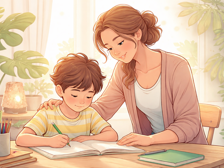 Illustration douce et lumineuse d’une mère accompagnant son enfant pendant ses devoirs, dans une ambiance apaisante. L’enfant écrit dans un cahier tandis que la mère pose une main rassurante sur son épaule, symbolisant le soutien, la régulation du système nerveux et l’accompagnement des difficultés d’apprentissage liées à l’écriture et à la concentration.