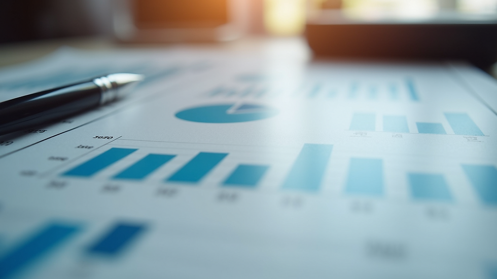 Close-up view of a financial report showing charts and data analytics