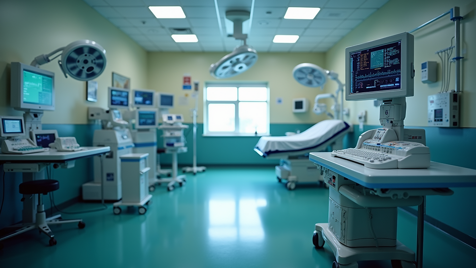 Eye-level view of a hospital room equipped with automated monitoring systems