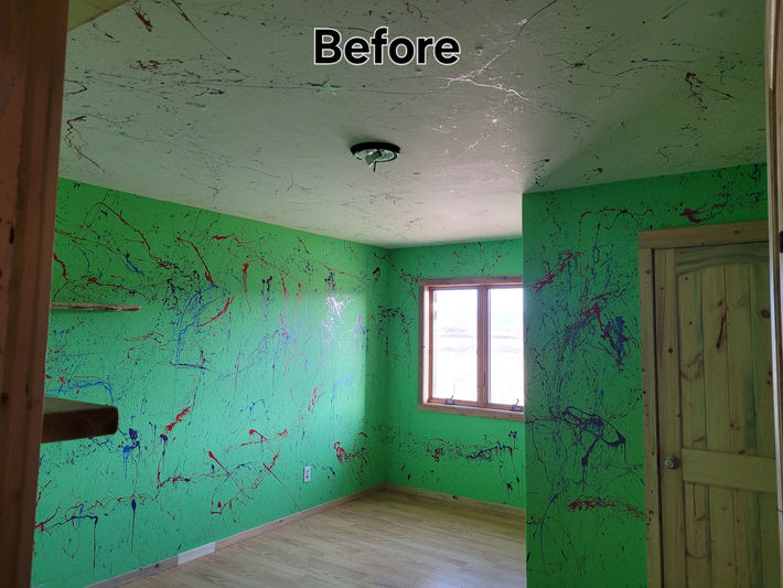 Before photo of a bedroom with bright green walls and flung paint in a Grand Junction home before interior painting.