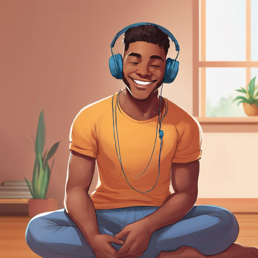 Illustration of happy man listening to Miss Hypnotherapy The Confidence Club Self-Hypnosis Audio.