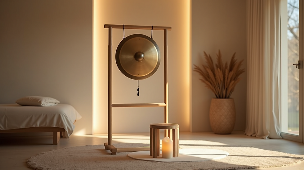 Eye-level view of a gong set up in a serene therapy room