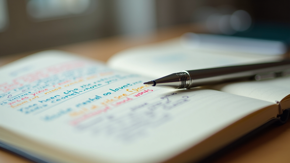 Close-up view of a journal with colorful notes and a pen