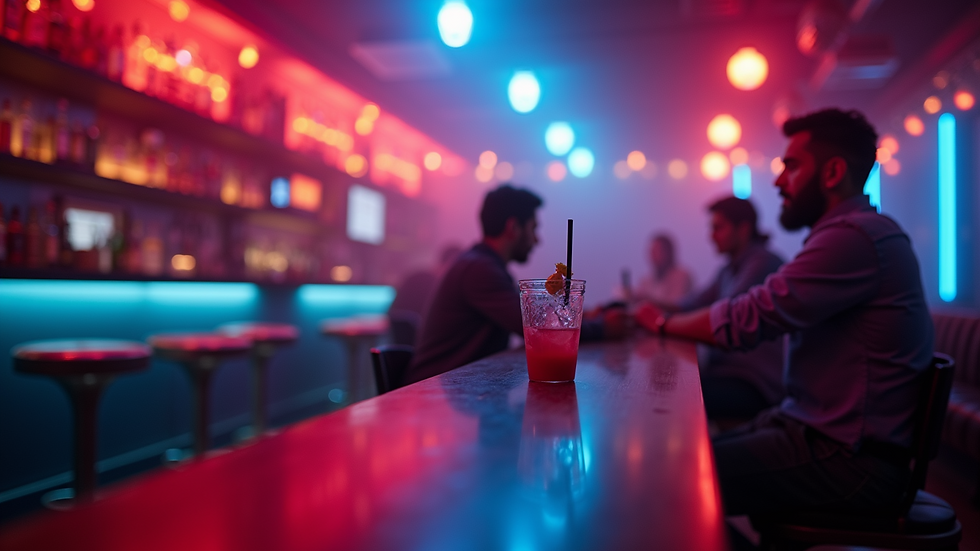 Close-up view of nightclub bar with colorful lighting