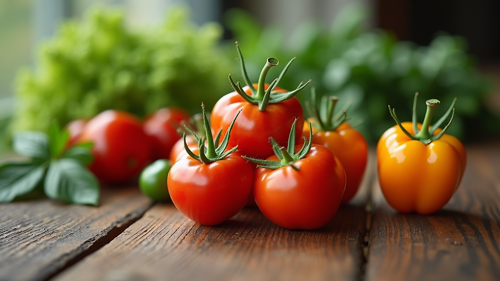 Close-up view of fresh organic vegetables on a wooden table
