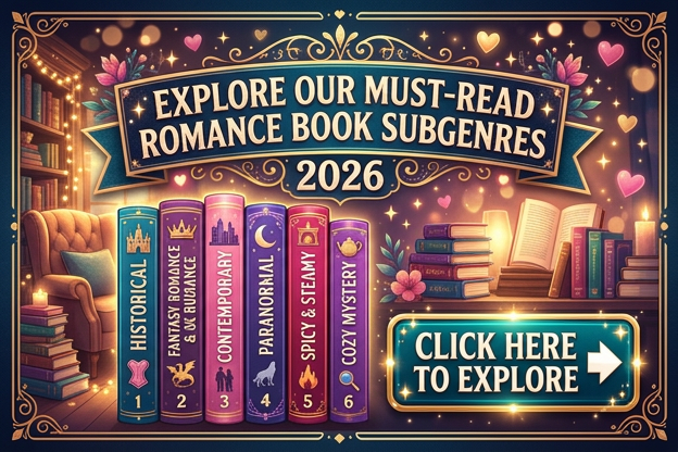 Glamorous poster for Explore Our Must-Read Romance Book Subgenres 2026, with six colorful book spines and Click Here to Explore button.