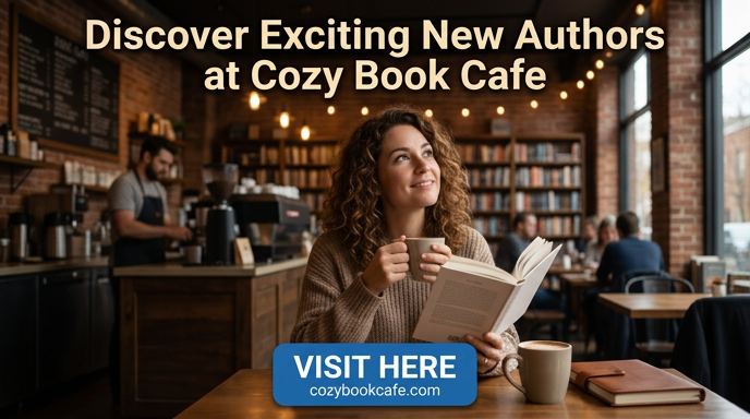 Woman reads and sips coffee in a cozy book cafe; sign reads Discover Exciting New Authors at Cozy Book Cafe and Visit Here.